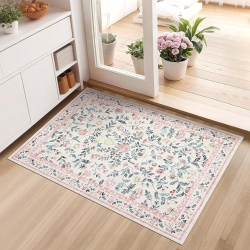 GarveeHome 2x3 Floral Rugs for Entryway, Non-Slip Soft Vintage Throw Door Mat, Low Pile Foldable Farmhouse Carpet, Non-Shedding Indoor Washable Small Rug for Bedroom Kitchen, Pink - color: Pink, size: 2' x 3' (Rectangular)