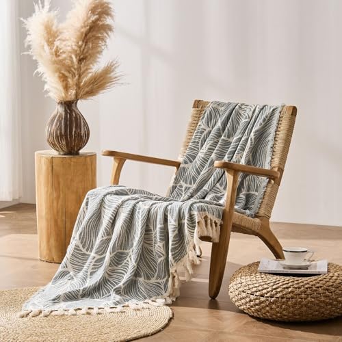 DOWN HOME Chenille Cotton Throw Blanket for Couch, Lightweight Boho Blanket for Bed Sofa Chair Living Room Outdoor Soft Woven Decorative Blanket with Tassel Gift Grey Leaves 50"x70" - color: Grey, size: 50"x70"