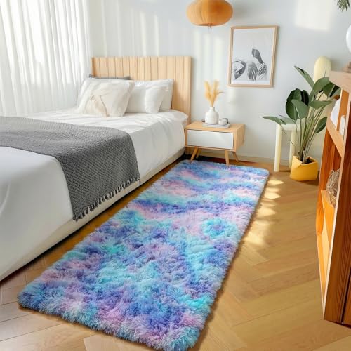 ONASAR Rainbow Runner Rugs for Bedroom Living Room, Fluffy 2x6 Bedside Hallway Area Rug, Ultra Soft Plush Furry Faux Fur Non Slip Floor Carpet for Nursery Kids Dorm Closet Home Decor Aesthetic - color: Rainbow, size: 2' x 6' (Runner)