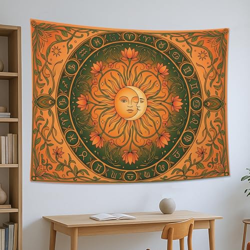 Water Lily and Sun Orange Green Tapestry, Floral Mandala Bohemian Decorative Wall Hanging, Aesthetic Tapestries for Living Room, Bedroom, Meditation 80x60 Inch - size: 80x60 Inch