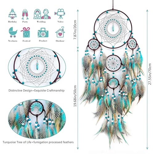 Large Dream Catchers,Boho Handmade Woven Turquoise Dream Catcher Wall Hanging Ornament for Bedroom Living Room Apartment Wedding Party Decor, Festival Blessing Gift (Turquoise) - color: Turquoise