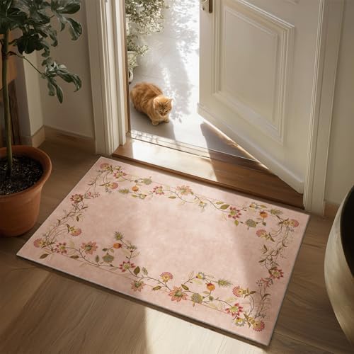 2x3 Washable Small Rugs for Entryway: Door Mat Indoor Entrance Stain Resistant Non Slip Rubber Backed Low Pile Soft Throw Area Rugs for Bedroom Kitchen Front Door Indoor Entrance Foyer Entry - color: Edge Floral Pink, size: 2' x 3' (Rectangular)