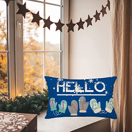 Hello Winter Throw Lumbar Pillow Cover 12x20 Blue White Snowflake Christmas Decorations Farmhouse Decorative Cushion Case Decor Gloves Winter Holiday for Home Sofa Couch - color: Blue Hello Winter Snowflake