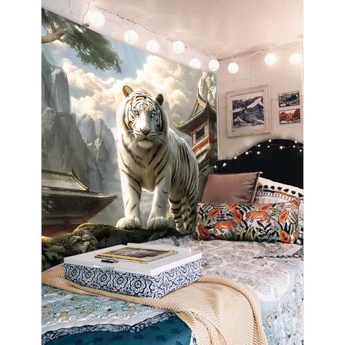 Yookeb White Tiger Animal Tapestry 59W by 51H Inch Wall Hanging Cool Majestic Wildlife Man Bedroom Living Room Dorm Polyester Fabric Home Decor - color: White Tiger, size: 59"L x 51"W
