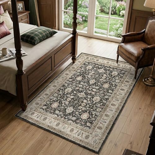 jinchan 4x6 Washable Vintage Area Rug, Distressed Traditional Floral Dining Room Rug, Soft Low-Pile Non-Slip Floor Mat for Bedroom Nursery Home Office Living Room, Black - color: Oriental Taupe on Black, size: 4' x 6' (Rectangular)