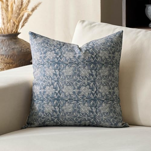 DOMVITUS Floral Pillow Covers 18x18 Throw Pillow Covers Block Print Vintage Decorative Neutral Pillow Cover for Couch Bed Living Room Dusty Blue 1PC - color: Dusty Blue, size: 18" x 18" (Pack of 1)