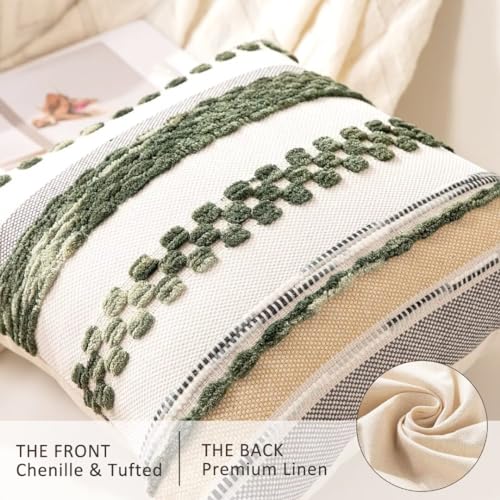 Boho Throw Pillow Covers 18x18 Set of 2 Christmas Decorative Cushion Case Striped Square Pillows Cover Chenille Pillow Cases Accent Neutral Pillowcase for Sofa Couch Bed,Dark Green - color: Dark Green Stripe