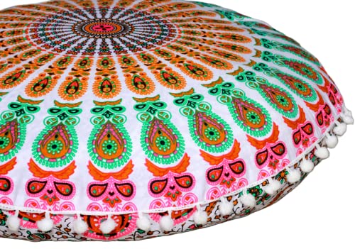 CRAFT KALA 32" in Round Mandala Floor Pillow Cushion Cover Seating Throw Cover Hippie Decorative Bohemian Ottoman Poufs Pillow Cover Cases Boho Cotton Living Yoga Home Décor Room (Mustard Mirchi) - color: Mustard Mirchi