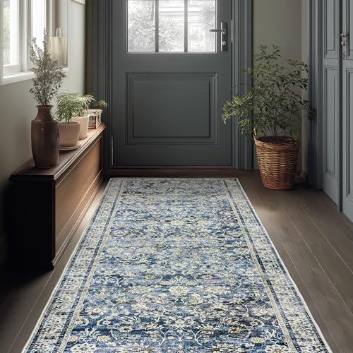 Blue 2x6 Runner Rug for Hallway Low Pile Kitchen Rugs Non Slip Washable Vintage Floral Distressed Design Carpet for Entryway Bedroom Boho Retro Dark Blue Rug for Bathroom Indoor 2 x 6 - color: Blue, size: 2' x 6' (Rectangular)