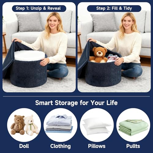 Tiita Stuffed Pouf Ottoman, Round Foot Stool Fluffy Floor Poufs Chair for Living Room Bedroom, Filled Boho Foot Rest for Couch, Blue-Grey - color: Round Blue-grey