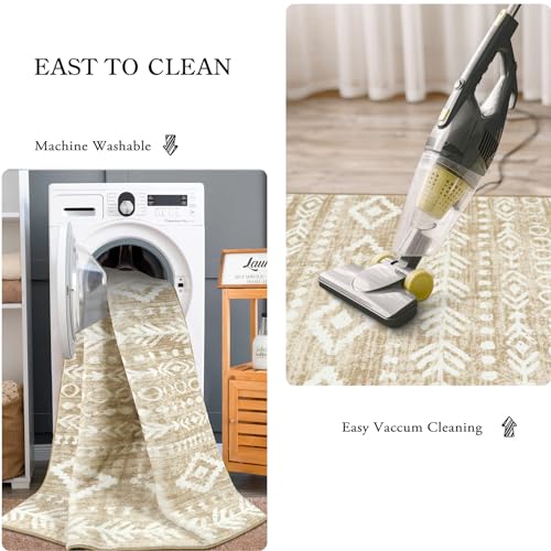 Lahome Boho Geometric Bathroom Runner Rug, 2x4 Low-Pile Tan Washable Rugs for Entryway Non-Slip Rubber Backing, Rustic Print Pattern Soft Throw Mat Indoor Door Mat for Bedroom Bathroom Varena - color: Tan/White, size: 2' x 4'