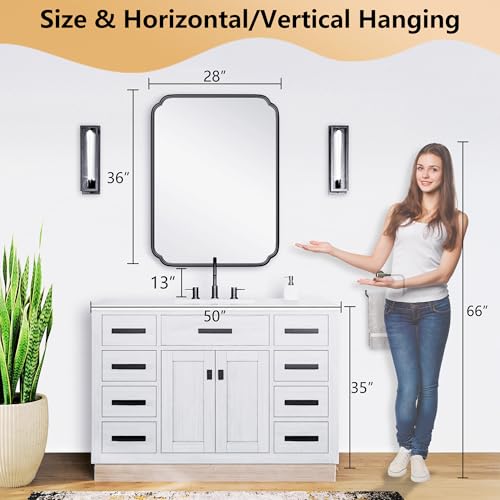 Ferytange 28"x36" Black Bathroom Mirror with Rustproof Metal Frame, Modern Rounded Corner Wall Mirror for Vanity Over Sink, Horizontal/Vertical Hanging - color: Black, size: 36"L x 28"W