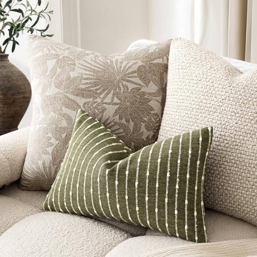 Foindtower Pack of 2 Decorative Jacquard Boucle Lumbar Throw Pillow Covers Accent Textured Striped Pillowcases Cozy Boho Cushion for Couch Sofa Bedroom Living Room Home Decor 12x20 Inch Olive Green - color: Olive Green, size: 20" x 12" (Pack of 2)