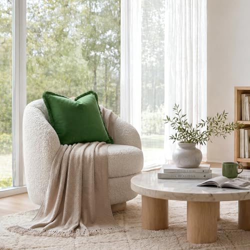 HOMEIDEAS Olive Green Velvet Throw Pillow Covers 18x18 Set of 2, Luxury Decorative Pillow Covers with Short Fringe Tassels, Modern Farmhouse Boho Cushion Covers for Sofa Couch Bed Neutral Home Decor - color: Olive Green, size: 18" x 18" (Pack of 2)