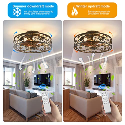 20" Caged Ceiling Fans with Lights and Remote, Bladeless Ceiling Fan 6 Speed Reversible with 4 Bulbs and Remote Control,Flush Mount Caged Ceiling Fan for Bedroom, Living Room, (Include Bulbs) - color: Black (with light bulb)