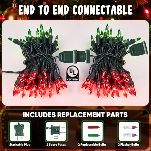 Red and Green Christmas Lights, 13FT 50 Count Incandescent Blub Mini Lights with Green Wire, UL Certified Christmas Tree Light Connectable for Indoor Outdoor Xmas Holiday Party Yard Decorations - color: Red Green