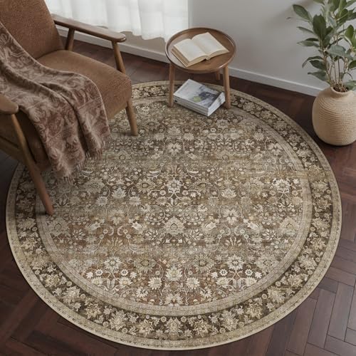 HUGEAR Round Rug 5ft Entryway Rugs Machine Washable Brown Hallway Area Rug 5x5 Small Circle Accent Rug Floral Low Pile Carpet Soft Throw Rug Living Room Office Laundry Room Entrance Non Slip - color: Floral | Brown, size: 5' (Round)