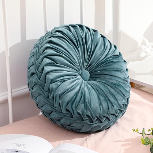 Drydiet 1 Pcs Round Throw Velvet Pillows Decorative Pleated Throw Pillows Diameter Accent Pumpkin Boho Chair Cushion for Couch Sofa Home Decoration (Dusty Blue,15'') - color: Dusty Blue, size: 15''
