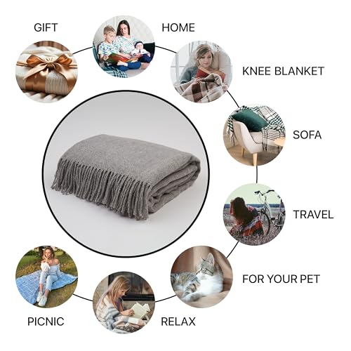 Merino Wool Throw Blanket, Indoor & Outdoor Blankets and Throws, Soft Blanket with Fringes, 65"x79" (170 x 200 cm) - color: Steel Gray, size: Queen (U.K. Standard)