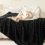 NEWCOSPLAY Super Soft Queen Blanket Black Premium Silky Flannel Fleece 3D Ribbed Jacquard Lightweight Bed Blanket All Season Use (Black Ribbed, Queen(90"x90")) - color: Black Ribbed, size: Queen(90"x90")