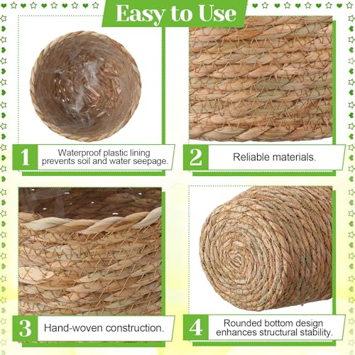 4 Pcs Straw Plant Baskets Indoor Rattan Woven Flower Baskets with Plastic Liner, Cattail Plant Planter for Indoor Outdoor Rustic Boho Home Farmhouse Floor Potted Pots Decor - color: Natural, size: M(7" Top D X 5.1" Bottom D X 5.1"h), style: Cattail