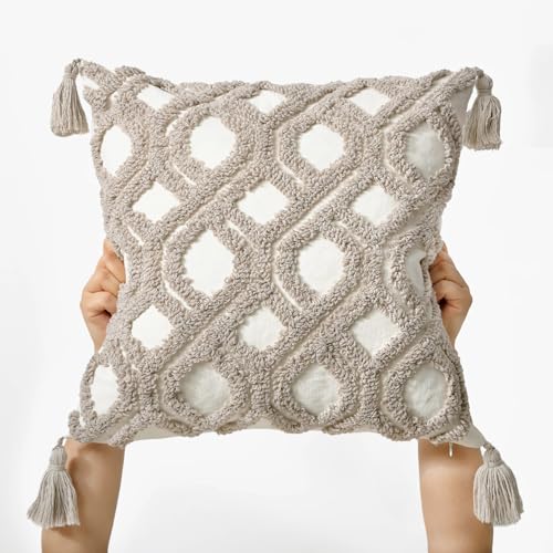 Boho Pillow Covers 18X18 Inch Boho Tufted Throw Pillow Covers Decorative Tassels Cushion Cover Farmhouse Pillow Case for Couch Sofa Bed Living Room Bedroom, Taupe - color: Boho Taupe, size: 18" x 18" (Pack of 1)