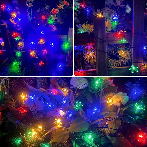 OZS 2PK 80LED 50FT Flower Solar String Lights Outdoor Waterproof, Cherry Blossoms Multicolor Lights with 8 Lighting Modes, Garden Decor for Outside, Pathway Light for Fence, Patio, Yard - color: Cherry-Multicolor