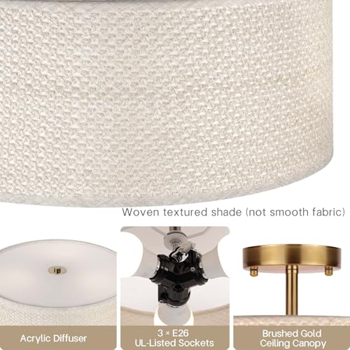 13" Boho Rattan-Style Semi Flush Mount Ceiling Light Fixture, 3-Light Modern Fabric Shade Drum Lamp, White Rustic Lighting for Bedroom, Kitchen, Dining Room, Living Room, Hallway, Entryway - color: White