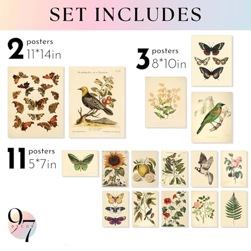 97 Decor LARGE 11x14 Vintage Botanical Wall Art Decor - Plant Posters For Room Aesthetic, Vintage Botanical Prints Nature Floral Pictures Butterfly Bird Art For Home Bedroom (Unframed) - size: UNFRAMED