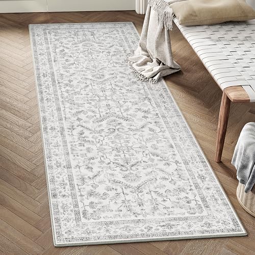 PureCozy Grey 2x5 Runner Rug Vintage Area Carpet Hallway Indoor Kitchen Washable Low Pile Traditional Distressed Retro Accent Throw Rug Non Slip for Laundry Bathroom Office - color: Neutral Grey, size: 2' x 5' (Runner)