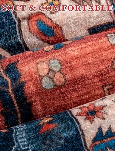 SERISSA Boho Washable Runner Rug, 2x5 Non-Slip Vintage Rust Hallway Kitchen Runner Rug Ultra Soft Print Distressed Tribal Floor Carpet for Bedroom Bathroom Laundry Living Room - color: Rust/Multi, size: 2' x 5' (Runner)