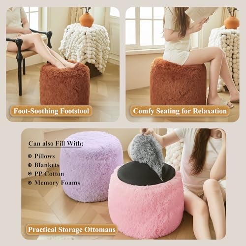 XeGe Fluffy Faux Fur Inflatable Pouf Ottoman, Soft Fuzzy Foot Stool, Plush Furry Foot Rest Floor Pouf Anti-Slip for Kids Girls Adult, Cute Foldable Round Ottoman Cushion Living Room, Burnt Orange - color: Burnt Orange, size: 20"x20"x16"