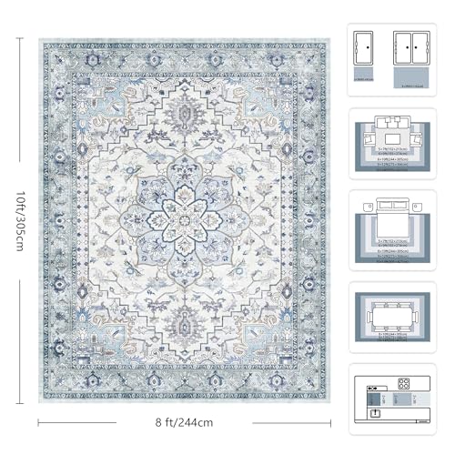 8x10 Area Rugs for Living Room - Washable Rug Vintage Distress Boho Medallion Rugs for Bedroom, Soft Non-Slip Backing Low Pile Carpet for Dining Room Office Nursery Home, Blue Grey Purple - color: C- Blue/Grey/Purple, size: 8' x 10' (Rectangular)