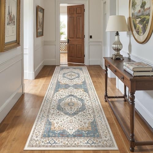 Area Rug for Living Room - 3x8 Soft Washable Oriental Vintage Floral Distressed Large Carpet - Fade Stain Resistant Non Slip Rugs for Bedroom Dining Room Nursery Dorm Office Home Decor - Blue/Beige - color: Blue/Beige, size: 3' x 8' (Runner)
