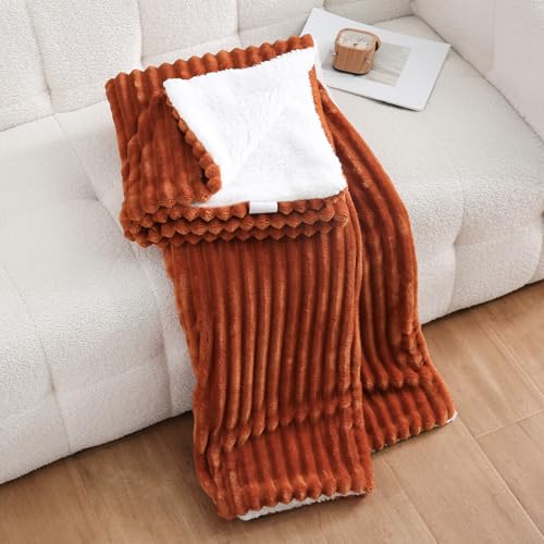 Burnt Orange Sherpa Fleece Throw Blanket 50”×60” for Couch Sofa Bed,Double Side Soft Fuzzy Cozy Plush Thick Flannel Blanket with Striped Design Gift for Mother Woman - color: Burnt Orange, size: 50×60inch