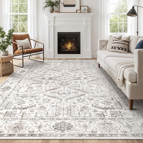 9x12 Area Rugs for Living Room - Washable Soft Large Vintage Rug Non-Slip Stain Resistant Traditional Stain Resistant Indoor Floor Low Pile Carpet for Bedroom Dining Room or Home Office - White - color: White, size: 9' x 12' (Rectangular)