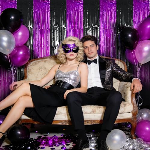 TONIFUL Black Hot Pink Door Streamers,Black and Pink Photo Booth Backdrop Metallic Streamers Foil Fringe Curtain for Birthday,New Year,Graduation,Grad,Baby Shower Party Streamers Decoration - color: Black Rose Red