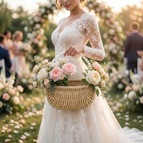 2 Pcs Rattan Flower Girl Basket Light Brown Small Half Moon Wicker Basket with Pearl Handle and Ribbon for Flower Girl Wedding Garden Picnic Home Decor and Storage