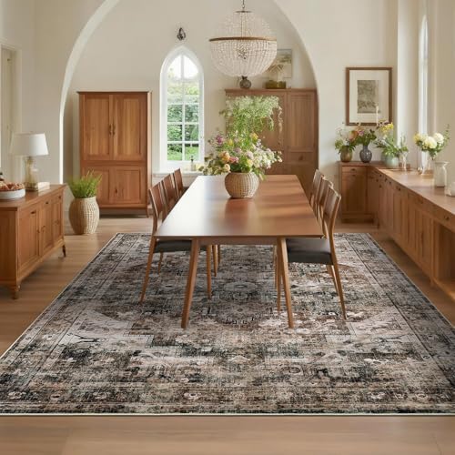 GarveeHome 10x13 Washable Rugs for Living Room Vintage Area Rug Non Slip Low Pile Distressed Rug Stain Resistant Bedroom Rug Indoor Floor Carpet for Dining Room Home Decor Brown - color: Brown, size: 10' x 13' (Rectangular)