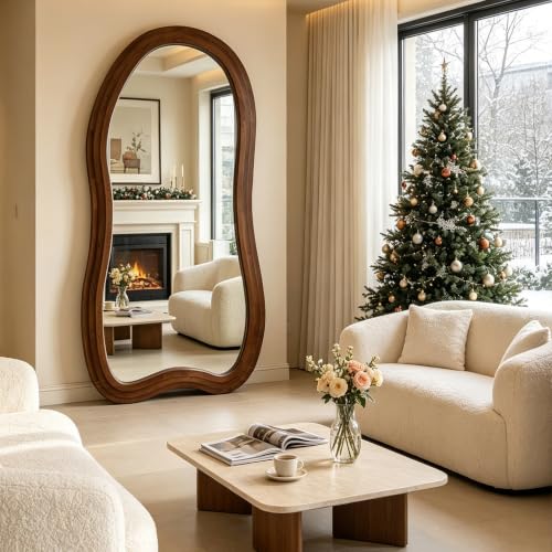 Irregular Full Length Mirror, 71"x33.5" Oversized Organic Floor Mirror with Triple-Layer Solid Wood Frame, Asymmetrical Full Body Mirrors for Entryway Hallway Living Room, Leaning/Hanging - color: Walnut, size: 71"L x 33.5"W