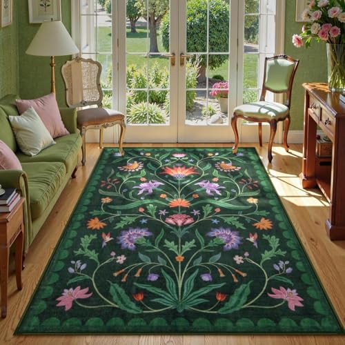 Lahome Boho Floral Washable Green 5x7 Area Rugs for Living Room, Non Slip Rugs for Bedroom Entryway, Indoor Ultra-Thin Throw Dining Room Carpet for Under Table Kitchen Dorm(Forest Green,5x7) - color: Forest Green, size: 5' x 7' (Rectangular)