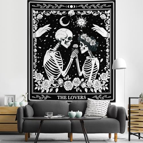 Tichgeim Skeleton Lovers Black and White Tapestry Wall Hanging, Gothic Witchy Lovers Skull Vertical Tapestries, Sun and Moon Flowers Card Wall Decor for Bedroom Living Room 51n × 60in - color: Gothic Lovers Tapestry, size: 60"L x 51"W