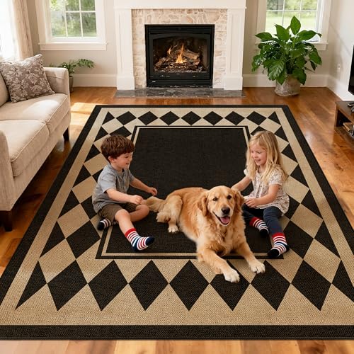 Washable Checkered Easy Jute Rug 5x7, Black Checkerboard Geometric Modern Outdoor Indoor Patio Large Bordered Rug, Woven Thin Carpet for Living Dining Play Room Bedroom Classroom Kids Nursery - color: Checkerboard -2 Black / Nature, size: 5' x 7'