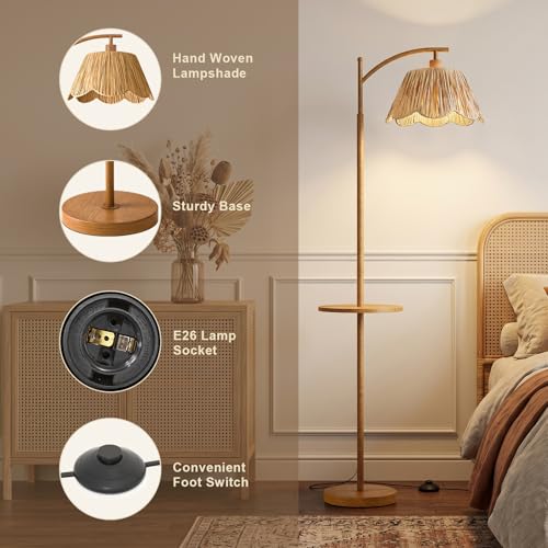 Oneach 63.5" Floor Lamp with Table for Living Room, Boho Rattan Standing Lamps with Foot Switch, Farmhouse Floor Lamp for Bedroom, Arc Tall Lamp with Metal Base&Pole, Bulb not Included, Woodgrain - color: Woodgrain