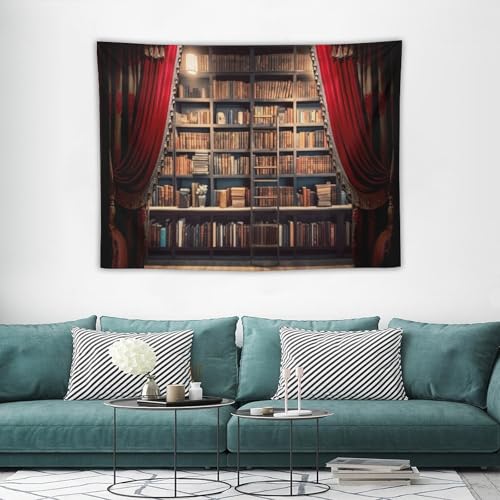 Houselerax Vintage Bookshelf Tapestry Retro Library Wall Hanging Tapestries,Old Books on Shelf Classical Study Room Student Study College Dorm Bedroom Living Room 60"x40" - color: Bookshelf-7, size: W60xL40in