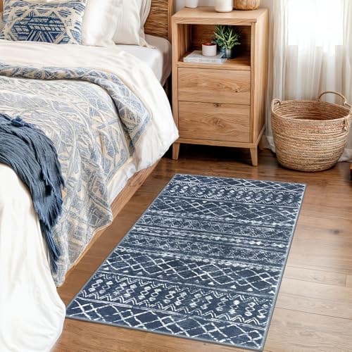 KUTA Moroccan Rugs for Entryway, 2x3 Navy Blue Entrance Small Area Rug, Non-Slip Washable Ultra Soft Vintage Geometric Low-Pile Indoor Door Mat Floor Carpet for Kitchen - color: Navy Blue/White, size: 2' x 3' (Rectangular)