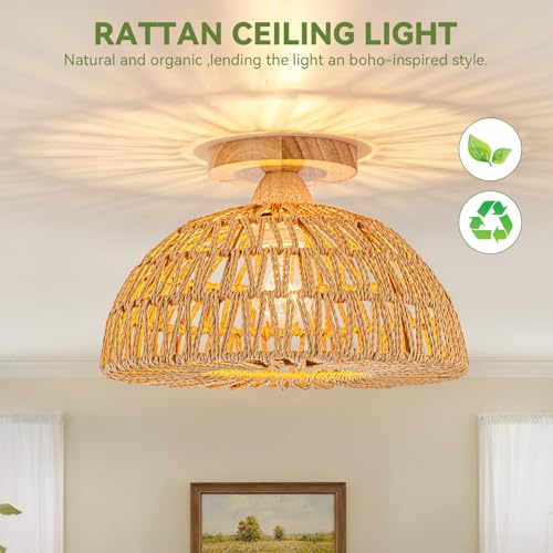 Boho Ceiling Light Fixtures,Rattan Light Fixture,Small Boho Chandelier Hand Woven Ceiling Light with Wooden Base,Rattan Flush Mount Ceiling Lights for Bedroom Hallway Kitchen Entryway Nursery - color: Brown-B
