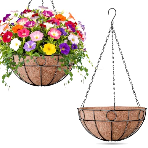 ZeeDix 2 Pack Round Hanging Baskets for Plants Outdoor, 12 Inch Metal Wire Planter Basket with Coco Liner, Hanging Flower Pots for Garden Yard Patio Porch Balcony Decor - size: 12 Inch