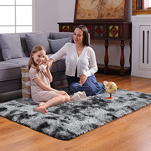 Ophanie Tie-Dyed Black&Grey Area Rugs for Bedroom Living Room, Fluffy Shag Fuzzy Carpet, Plush Shaggy Rug, 4x6 Indoor Carpet for Kids Boys Dorm Home Decor Aesthetic, Nursery - color: Tie-dyed Black & Grey, size: 4' x 6' (Rectangular)