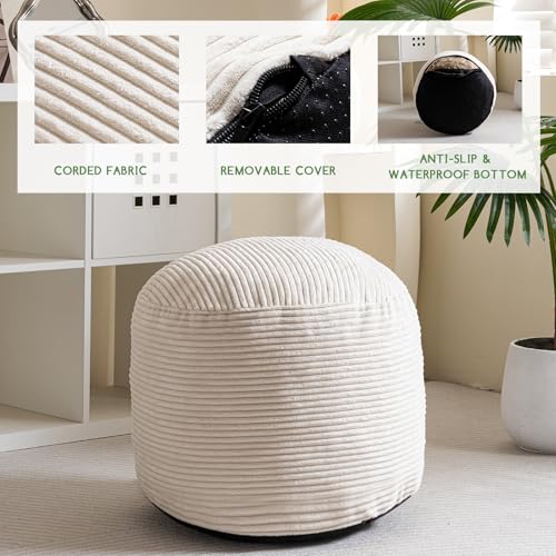 HIGOGOGO Round Stuffed Pouf Ottoman, Corduroy Poufs with Foam Chunk Filling, Furry and Fluffy Pouf Foot Stool Storage Ottoman, 20 X 15 Floor Poufs Foot Rest for Living Room, Beige - color: Beige, size: 20"D x 20"W x 15"H